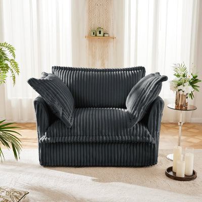 Slip-covered Armchair with 1 Big Back Cushion and 2 Big Toss Pillows, Single Deep Seat Comfy Single Couch Sofa Multiple Large Soft Pillows, Grey  Corduroy Fabric