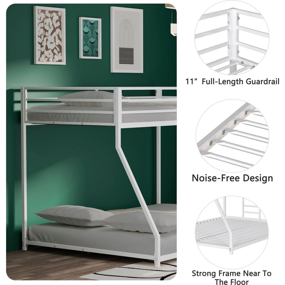 Adam Sturdy Twin Over Full Metal Bunk White for Kids and Adult, Low Profile and Easy Climbing with Stable Ladder