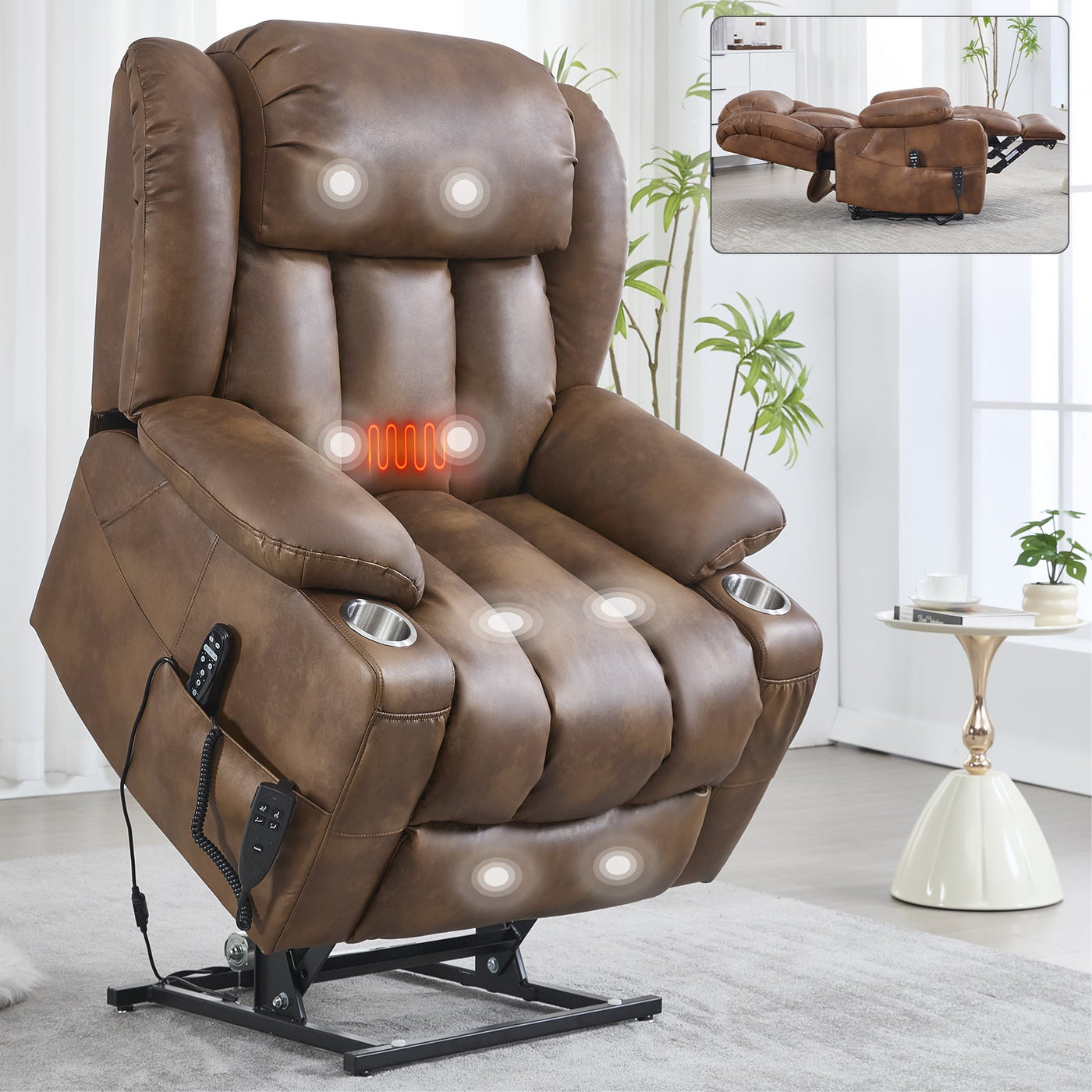 Dual Motor Infinite Position Up to 350 LBS Leatherair Power Lift Recliner Chair, Heavy Duty Motion Mechanism with 8-Point Vibration Massage and Lumbar Heating, Stainless steel Cup Holders, Brown