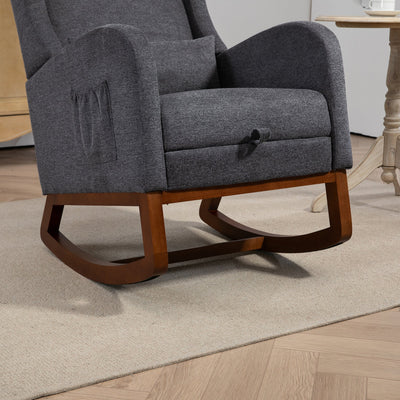 25.4'W Modern Rocking Chair for Nursery, Mid Century Accent Arm Rocker With Retractable Footrest, Side Pocket, Comfy Upholstered Wingback Wooden Glider Chair for Living Room Baby Kids Room. Charcoal