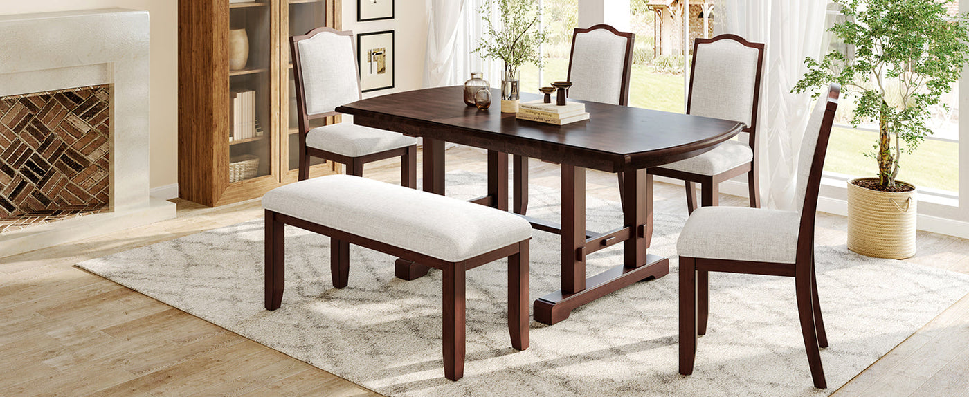 6-Piece Extendable Dining Table Set, 60–78 in. Wood Table with Removable Leaf, 4 Upholstered Chairs and Bench, Cherry Finish