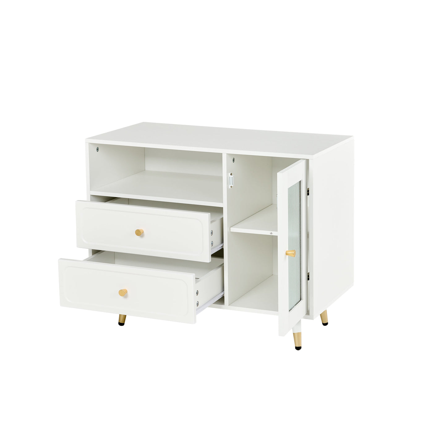 Modern Makeup Vanity Desk with Mirror and Lights, Retractable Dressing Table with Drawers and Cabinet, Compact Makeup Table Set with Power Outlet for Bedroom, White