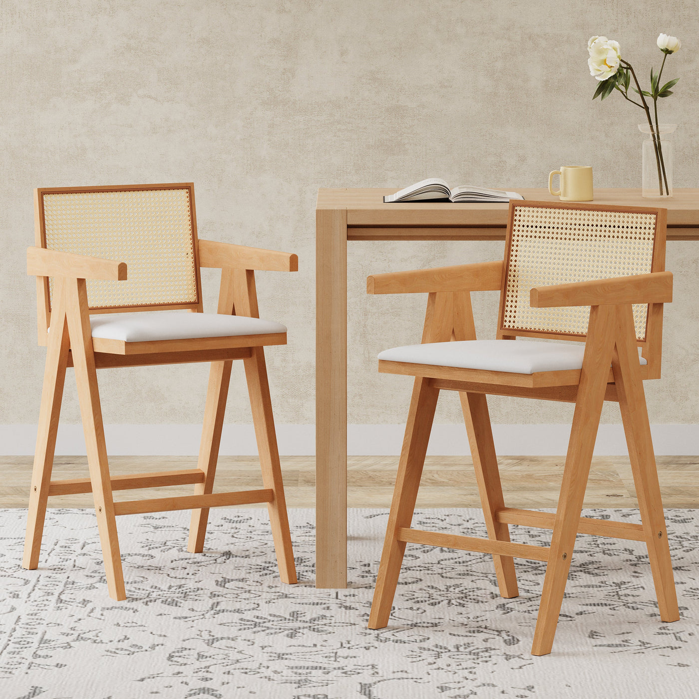 27' Height, Cream Woven Cane Plastic Backrest Bar Stool - Foam-Padded Fabric Seat & Durable Rubberwood Frame