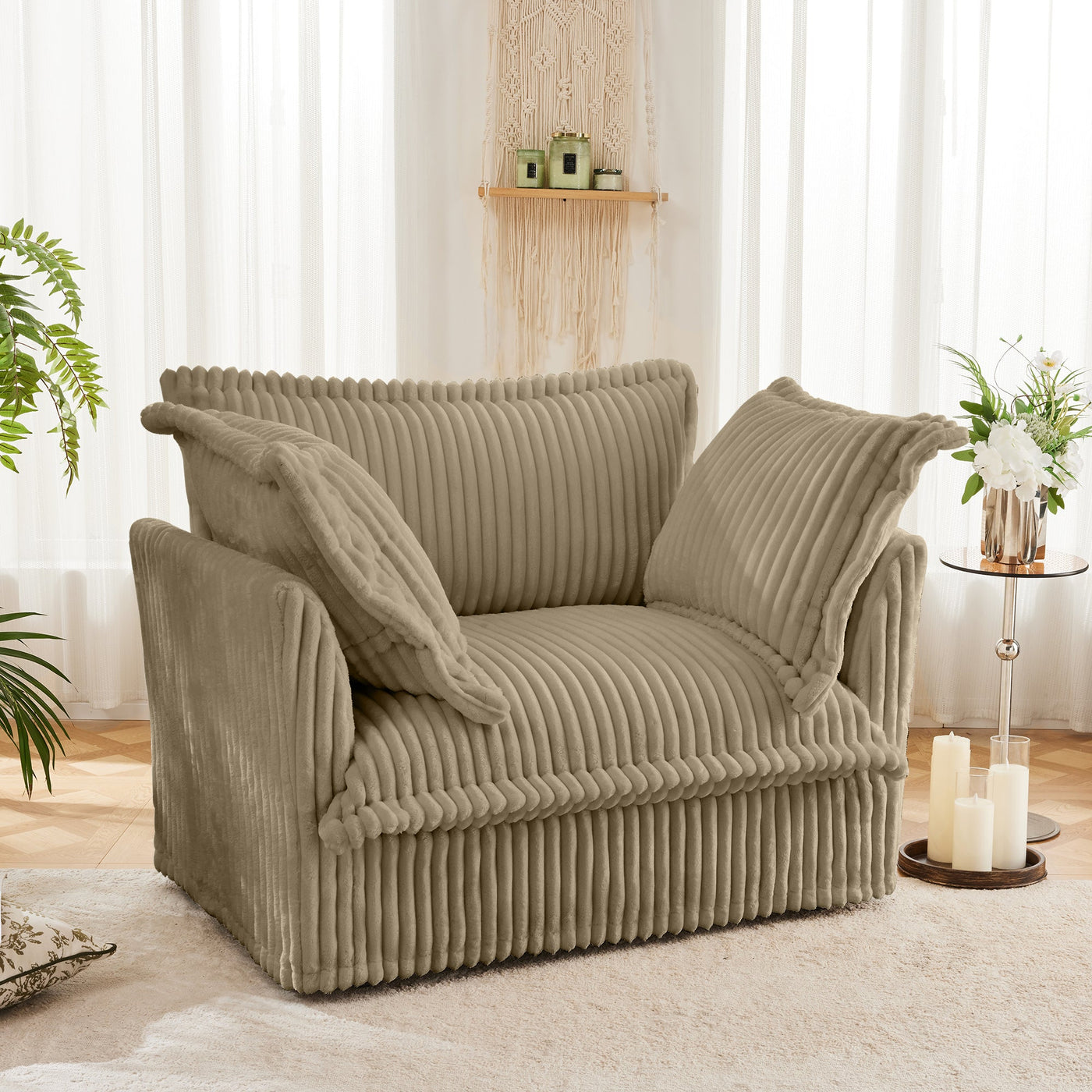 Slip-covered Armchair with 1 Big Back Cushion and 2 Big Toss Pillows, Single Deep Seat Comfy Single Couch Sofa Multiple Large Soft Pillows, Camel Corduroy Fabric