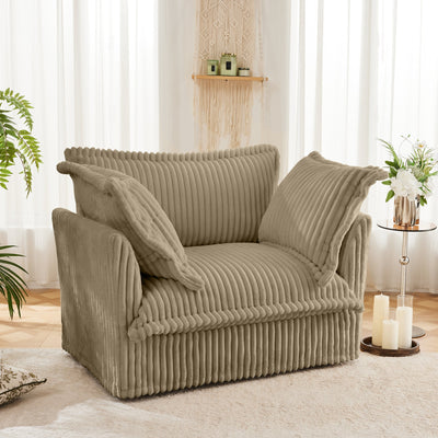 Slip-covered Armchair with 1 Big Back Cushion and 2 Big Toss Pillows, Single Deep Seat Comfy Single Couch Sofa Multiple Large Soft Pillows, Camel Corduroy Fabric