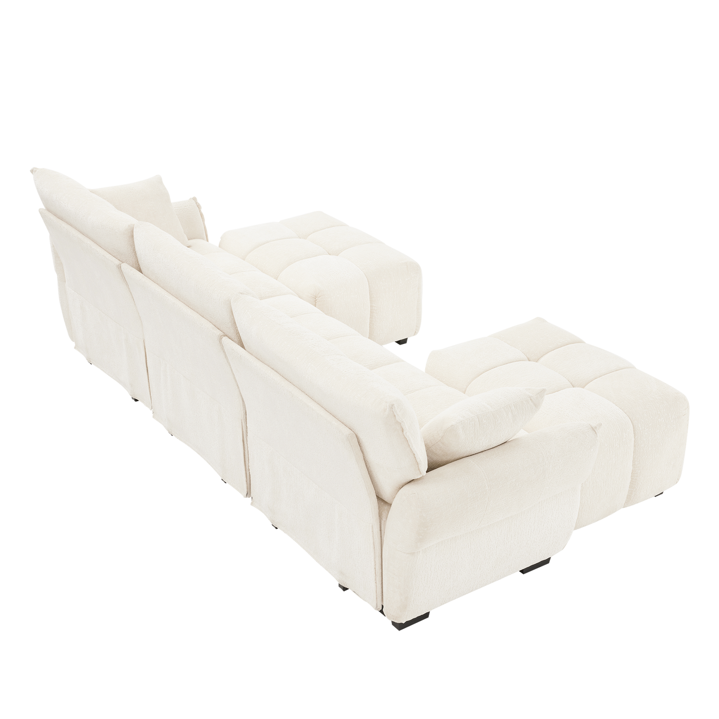 Elegant Textured Chenille 3 Seater Sofa Set with Ottoman and Throw Pillows in Sturdy Solid Wood Frame, White