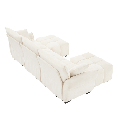 Elegant Textured Chenille 3 Seater Sofa Set with Ottoman and Throw Pillows in Sturdy Solid Wood Frame, White