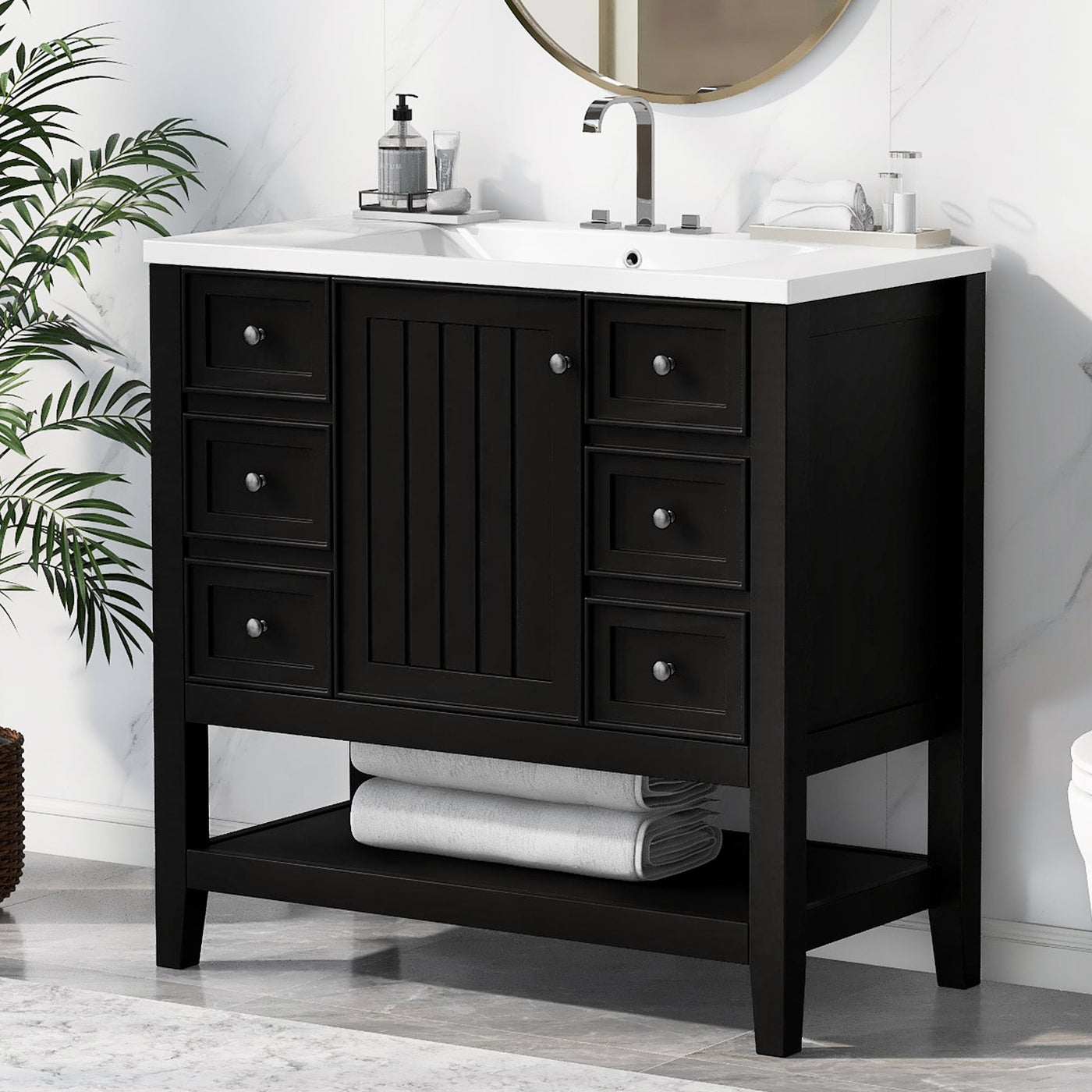 36' Bathroom Vanity with Sink Combo, One Cabinet and Three Drawers, Solid Wood and MDF Board, Black (Old Sku:SY999505AAB)