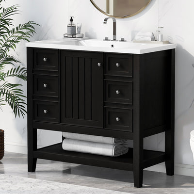 36' Bathroom Vanity with Sink Combo, One Cabinet and Three Drawers, Solid Wood and MDF Board, Black (Old Sku:SY999505AAB)