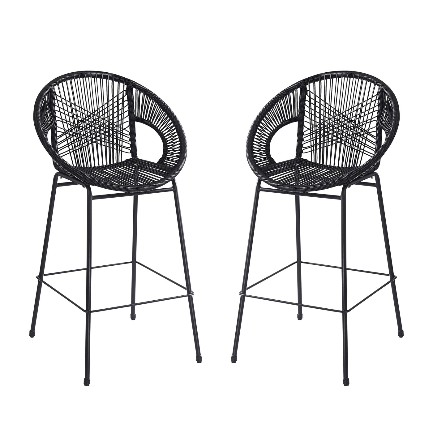 Ferrara Outdoor Patio Barstool Set of 2, Black Faux Wicker PE Rattan with Iron Frame