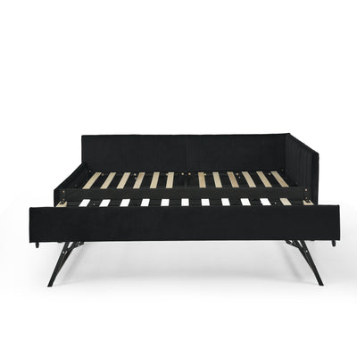 Full Size Daybed with Trundle Upholstered Tufted Sofa Bed, Sofa Bed Frame with Comfortable Backrest and Armrests, Velvet, Black(79.5''x58''x25'')