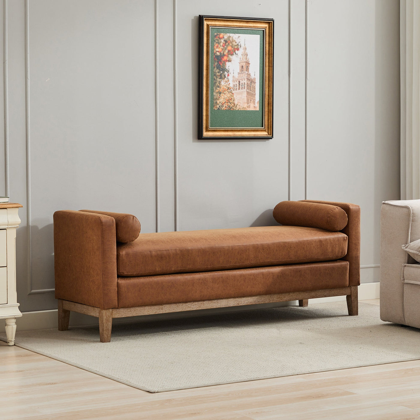 Elegant Upholstered Bench,Daybed,Ottoman with Wood Legs & 2 Bolster Pillows,Brown PU,66.34'W