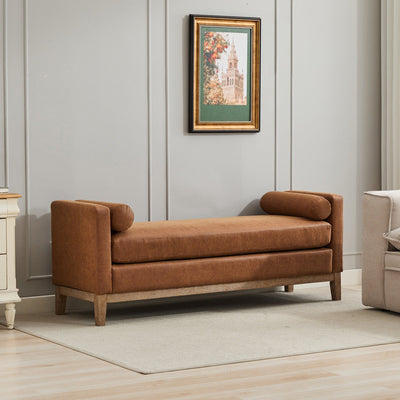 Elegant Upholstered Bench,Daybed,Ottoman with Wood Legs & 2 Bolster Pillows,Brown PU,66.34'W