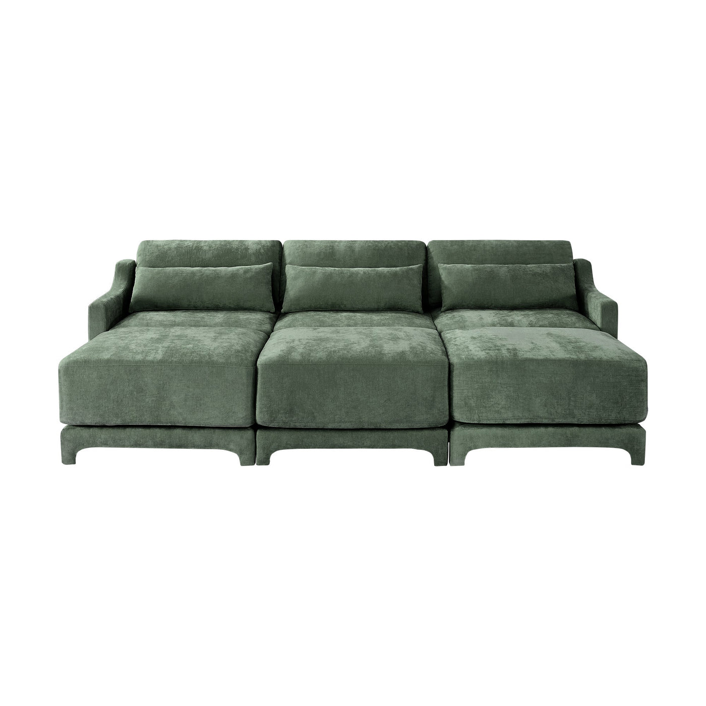 Ergonomic Three-Seater Sofa with Movable Ottomans and Lumbar Pillow in Green Chenille with Wooden Base