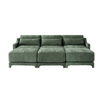 Ergonomic Three-Seater Sofa with Movable Ottomans and Lumbar Pillow in Green Chenille with Wooden Base