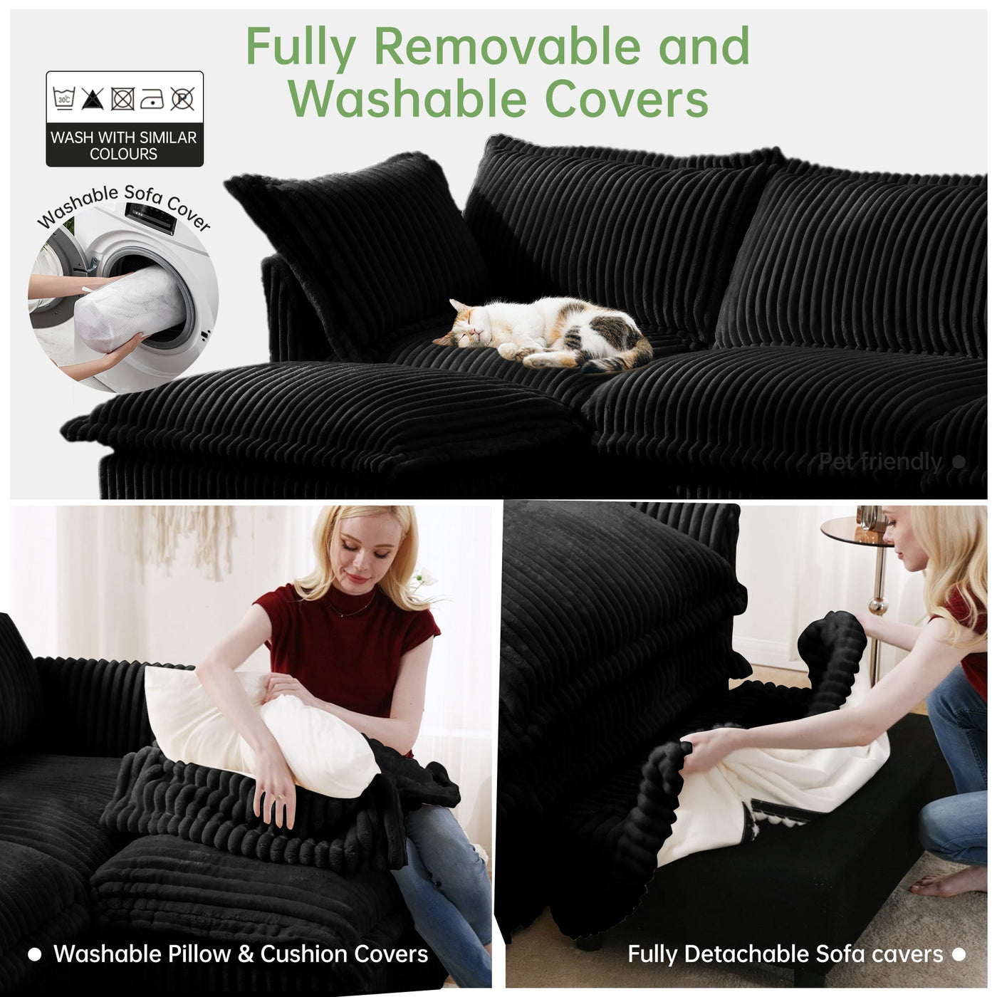 Slipcovered L Shape Sectional Long Sofa Couch, 4 Seater Sofa with Suppleness Armrests,Deep Seat Sofa with 2 Big Pillows, Comfy Couch for Living Room, Apartment, Black Corduroy Fabric