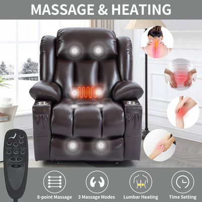Dual Motor Infinite Position Up to 350 LBS Leatherair Power Lift Recliner Chair, Heavy Duty Motion Mechanism with 8-Point Vibration Massage and Lumbar Heating, Stainless steel Cup Holders, Brown