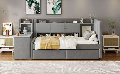 Twin Size Upholstered Daybed with Drawers, Shelves, Flip Cabinets & Side Table (Gray)