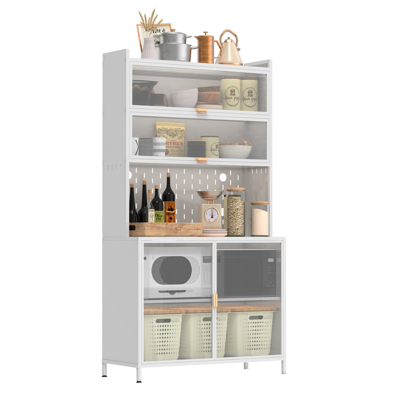 73'' Tall Kitchen Pantry Cabinet , 6 Level Flip Door with Pegboard Metal Pantry Storage Cabinet, Anti-Tip Design Hutch for Kitchen, Dining Room, Living Room (White)