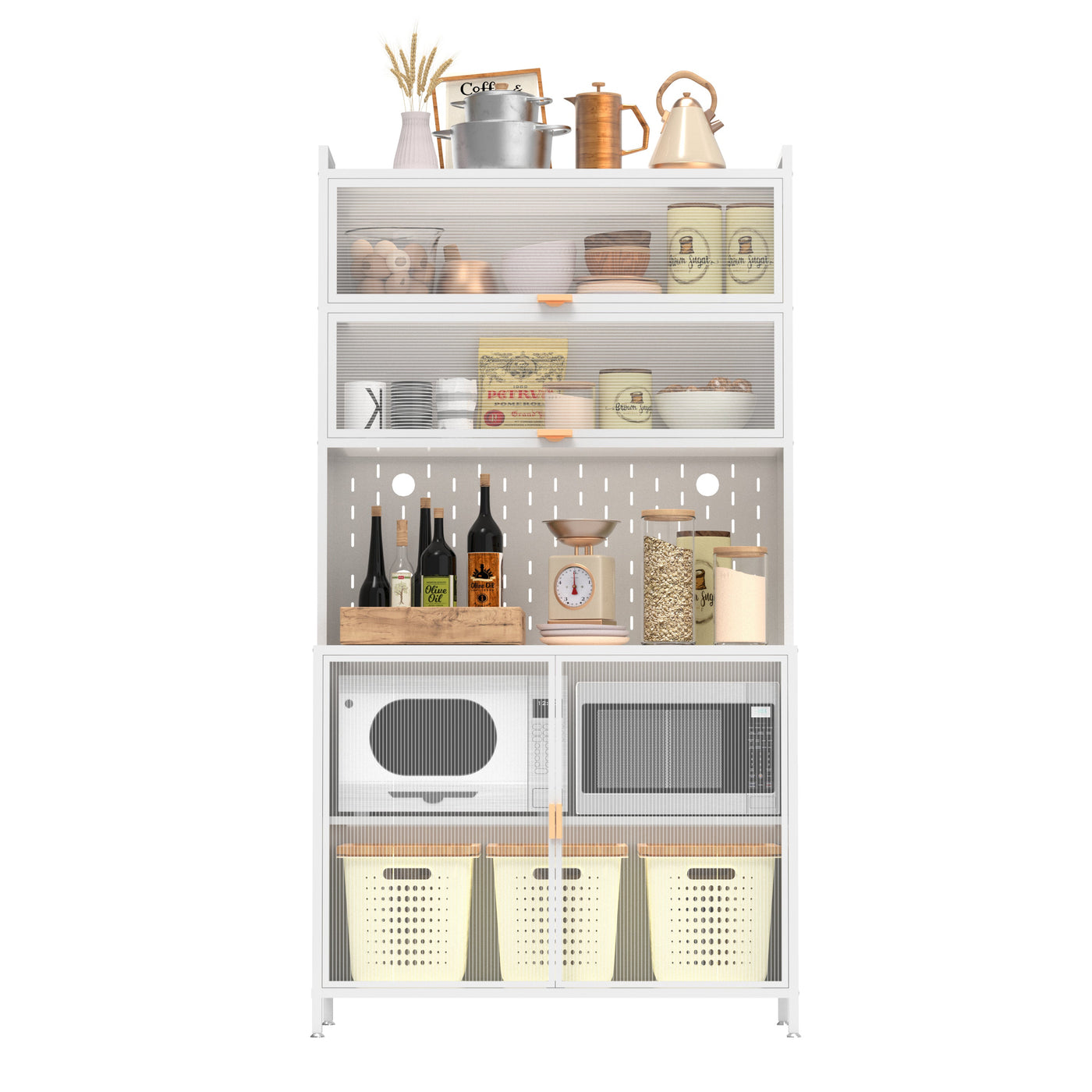 73'' Tall Kitchen Pantry Cabinet , 6 Level Flip Door with Pegboard Metal Pantry Storage Cabinet, Anti-Tip Design Hutch for Kitchen, Dining Room, Living Room (White)