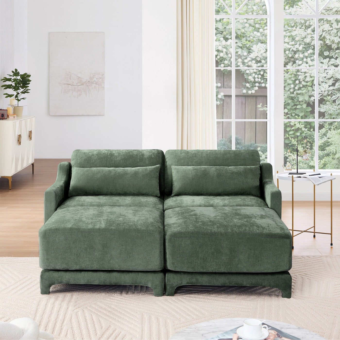 Stylish Two-Seater Sofa with Ottoman and Lumbar Pillows, Green Chenille Fabric, Ergonomic Design