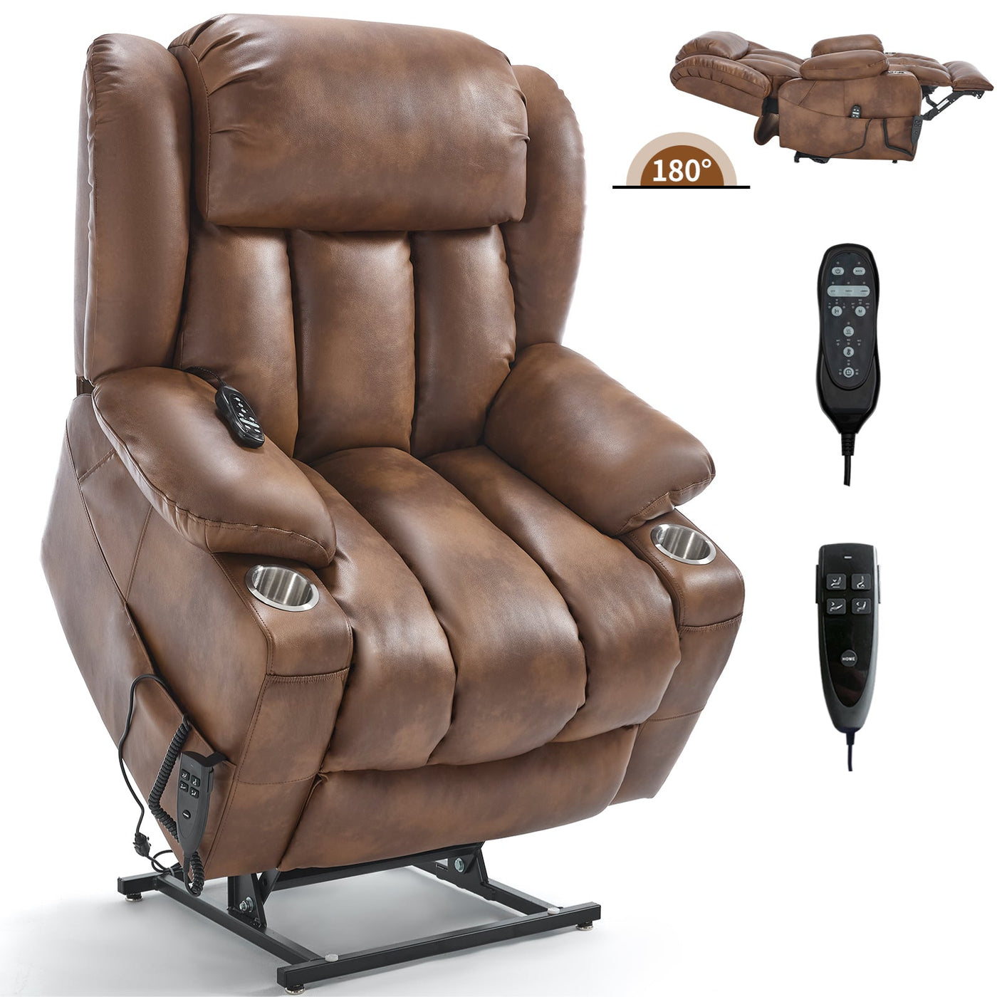 Dual Motor Infinite Position Up to 350 LBS Leatherair Power Lift Recliner Chair, Heavy Duty Motion Mechanism with 8-Point Vibration Massage and Lumbar Heating, Stainless steel Cup Holders, Brown