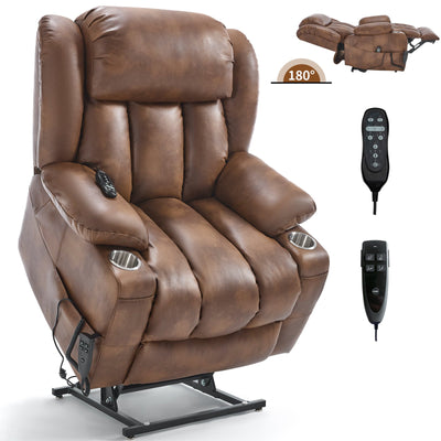 Dual Motor Infinite Position Up to 350 LBS Leatherair Power Lift Recliner Chair, Heavy Duty Motion Mechanism with 8-Point Vibration Massage and Lumbar Heating, Stainless steel Cup Holders, Brown