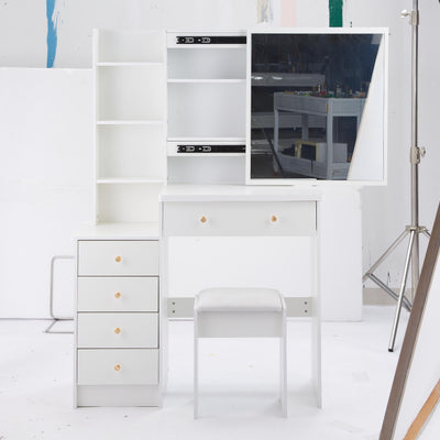 37' Middle Size Left Bedside Cabinet Vanity Table + Cushioned Stool, Extra Large Right sliding mirror, Multi Layer High Capacity Storage, Practical Fashionable Dresser, Suitable For Large Space