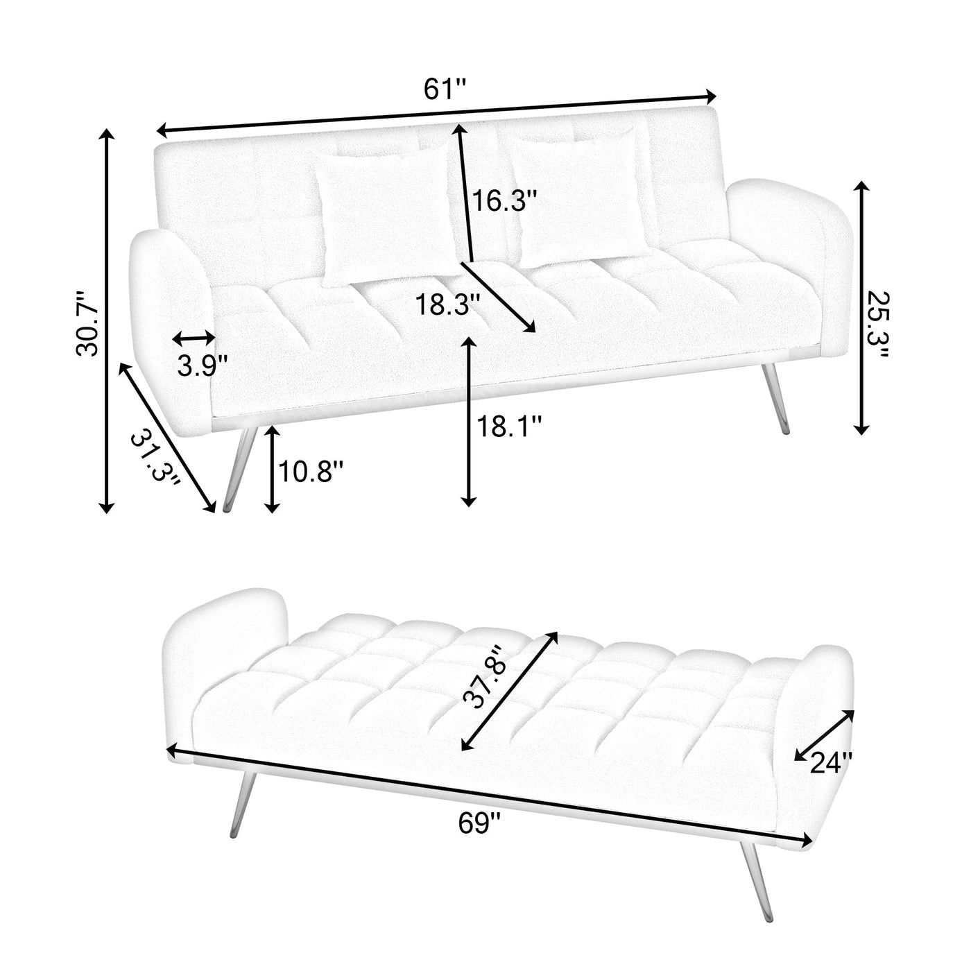 69 Inch Sofa Bed Gray with Adjustable Teddy Sofa for Small Space Living Room and Bedroom