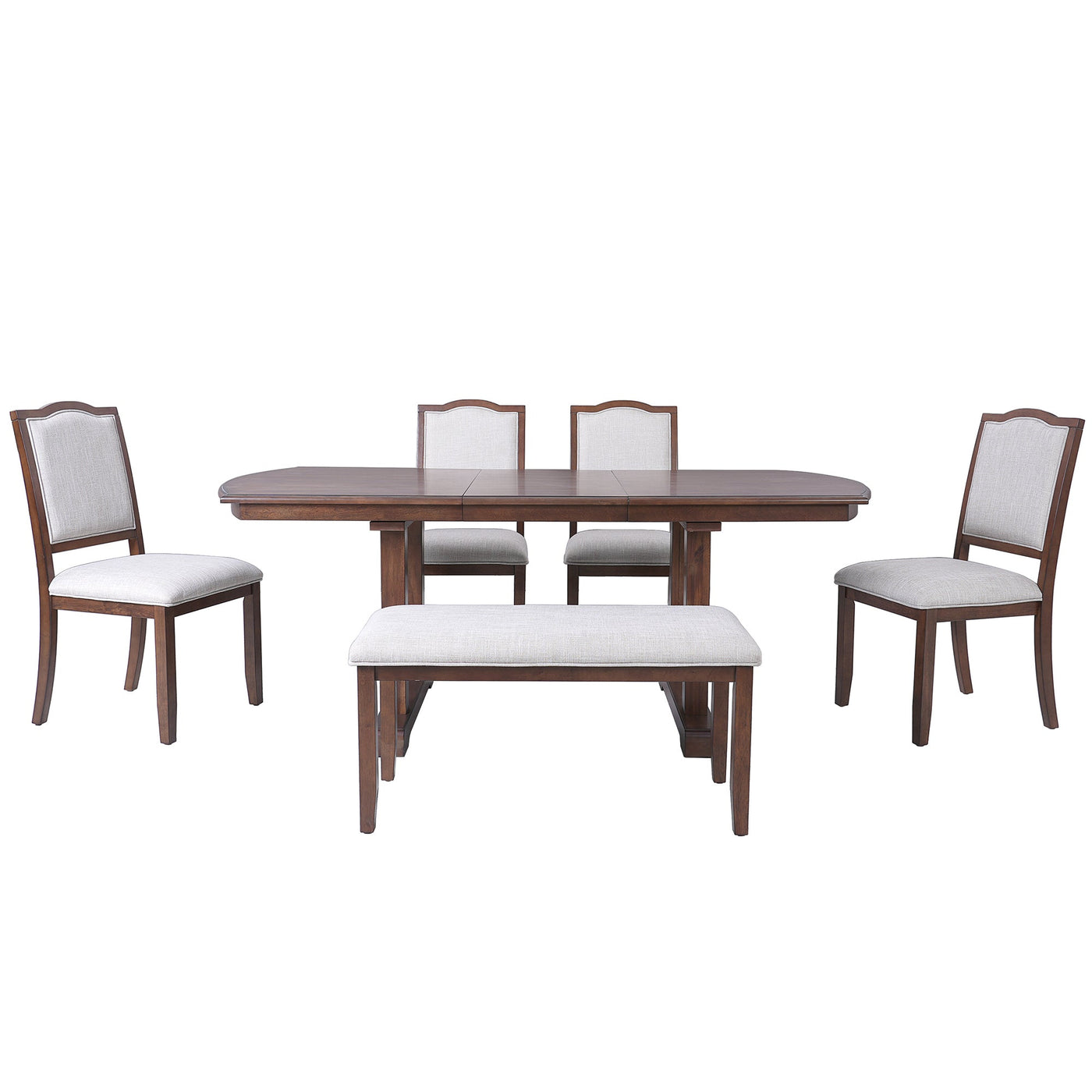 6-Piece Extendable Dining Table Set, 60–78 in. Wood Table with Removable Leaf, 4 Upholstered Chairs and Bench, Cherry Finish