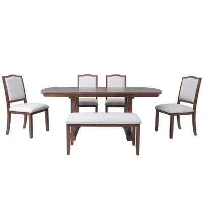 6-Piece Extendable Dining Table Set, 60–78 in. Wood Table with Removable Leaf, 4 Upholstered Chairs and Bench, Cherry Finish