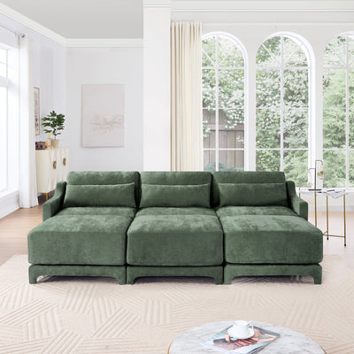 Ergonomic Three-Seater Sofa with Movable Ottomans and Lumbar Pillow in Green Chenille with Wooden Base