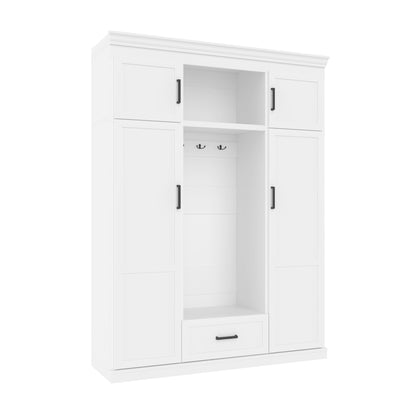 U-Can 85.2''H Hall Tree with Bench and 3 Hooks, Modern Entryway Storage Organizer Cabinet with 4 Doors, 1 Drawer and Adjustable Shelves for Hallway, Entryway, Living Room