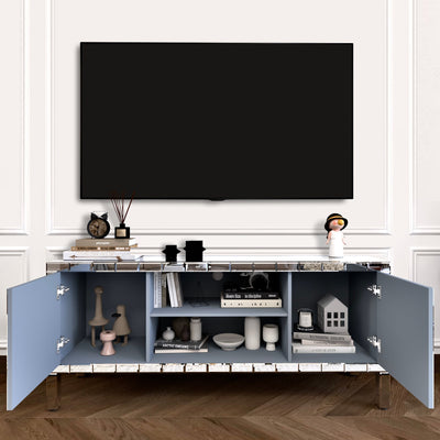 60' Mirrored TV Stand with Crushed Diamond Glass Doors - Modern Media Entertainment Center for Living Room, Adjustable Storage TV Console Table for 65-Inch TV