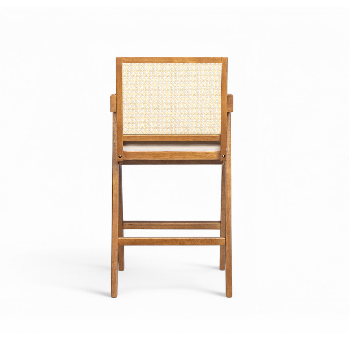 27' Height, Cream Woven Cane Plastic Backrest Bar Stool - Foam-Padded Fabric Seat & Durable Rubberwood Frame