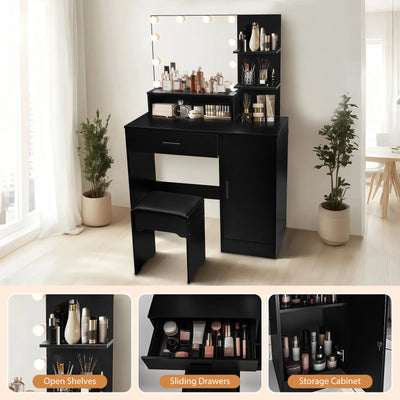 Vanity Desk with Mirror and Lights, Makeup Vanity with Drawer & Storage Cabinet, 3 Adjustable Lighting Colors, Makeup Desk with Open Shelves for Bedroom, Dressing Room, Black