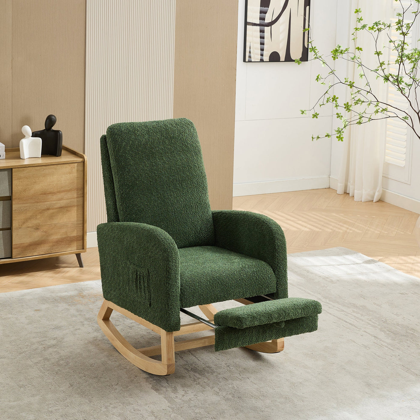 25.4'W Green Boucle High Back Glider Rocking Chair with Retractable Footrest and Rubber Wood Legs for Nursery and Living Room