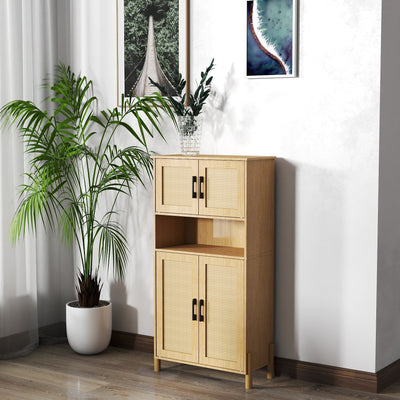 Mid-Century Modern 4-Door Storage Cabinet with Woven Rattan Doors & Adjustable Shelves - Perfect for Living Room & Dining Room