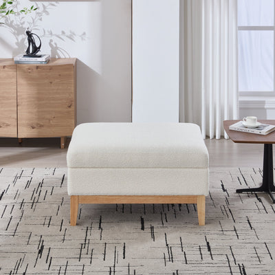 33.86'W Upholstered Wood Base Storage Ottoman with Reversible Lid Coffee Table, Foot Stool Square Footrest with Rubberwood Legs for Living Room Bedroom Entryway and Office, Ivory Boucle.