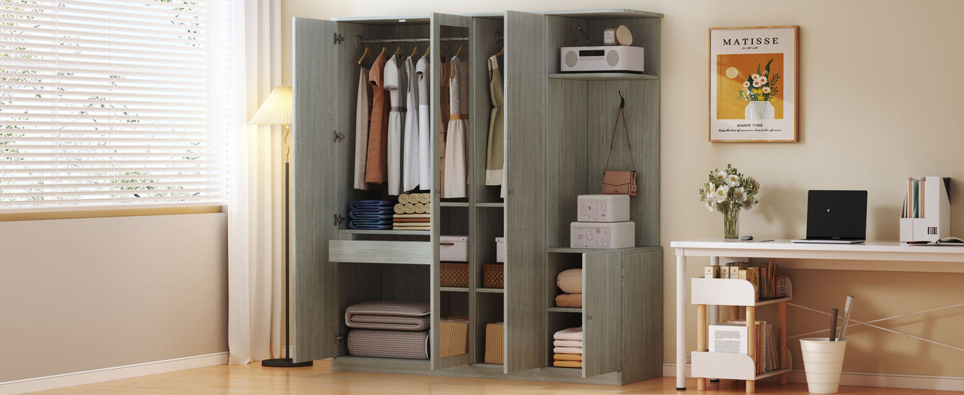 4-Door Wardrobe with Shelves, Drawers, and Full-Length Mirror, Gray