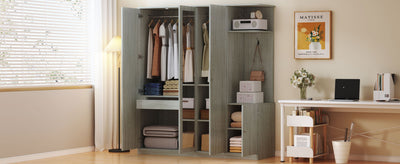 4-Door Wardrobe with Shelves, Drawers, and Full-Length Mirror, Gray