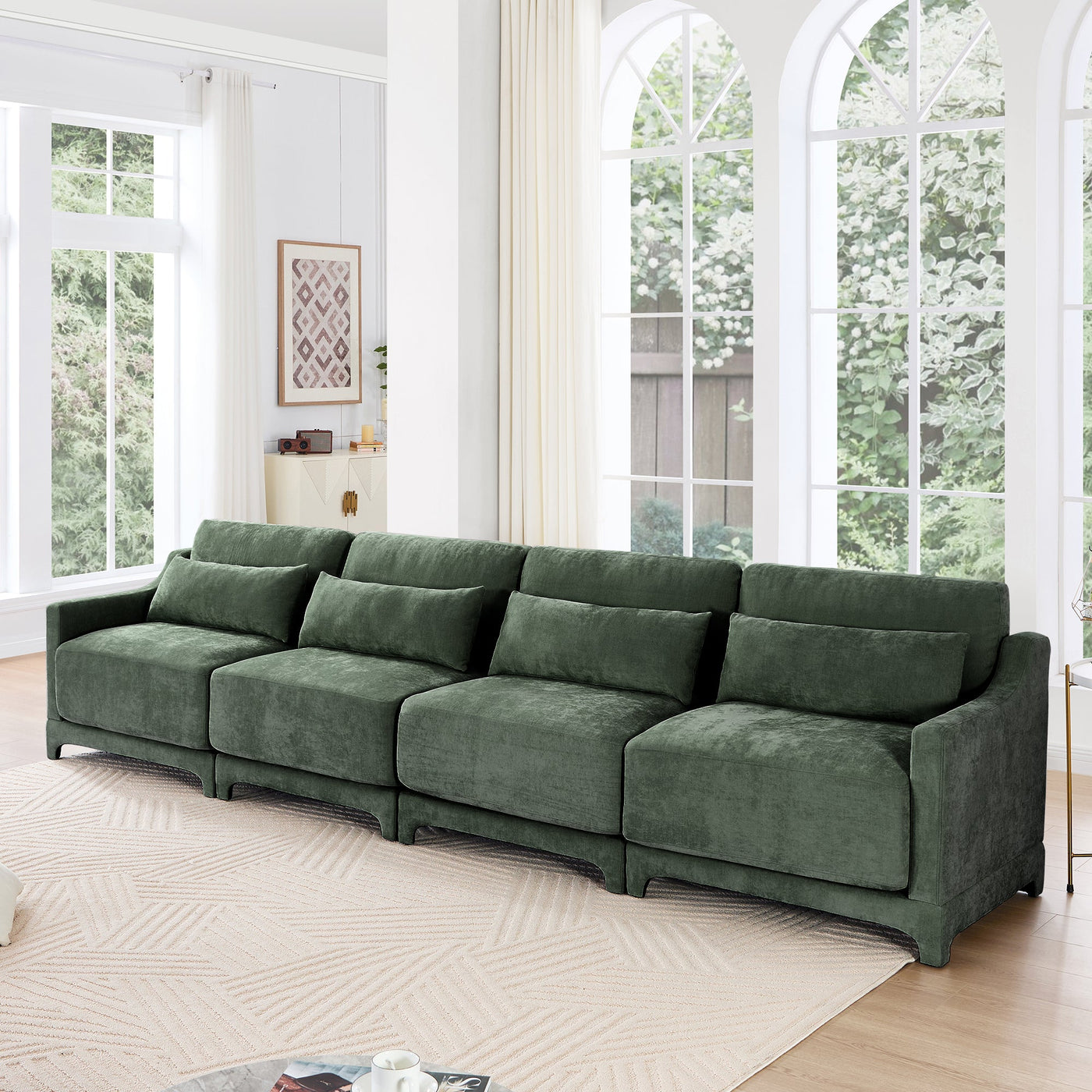 Ergonomic Green Chenille Four-Seater Sofa with Lumbar Pillow, Solid Wood Frame, High-Resilience Sponge