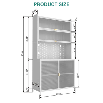73'' Tall Kitchen Pantry Cabinet , 6 Level Flip Door with Pegboard Metal Pantry Storage Cabinet, Anti-Tip Design Hutch for Kitchen, Dining Room, Living Room (White)