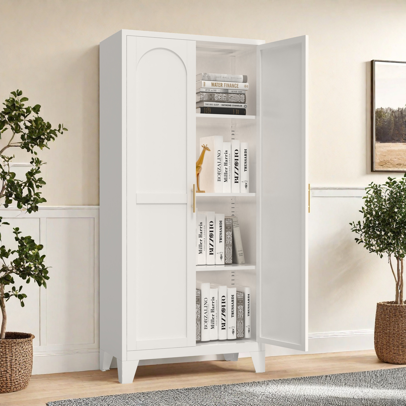 61'' 2 Shapely Doors Cabinet, Metal Storage Cabinet with Doors and Adjustable Shelves, for Bedroom, Living Room-White