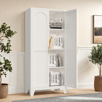 61'' 2 Shapely Doors Cabinet, Metal Storage Cabinet with Doors and Adjustable Shelves, for Bedroom, Living Room-White