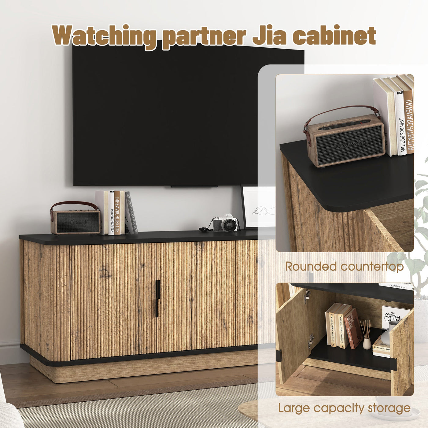 Natural Wood Grain Four-Door MDF TV Cabinet, An Ideal Choice for TV And Item Storage in Modern Homes, A Perfect Blend of Nordic And Modern Minimalist Styles, With Dimensions of 55*15.7*18.9 inches