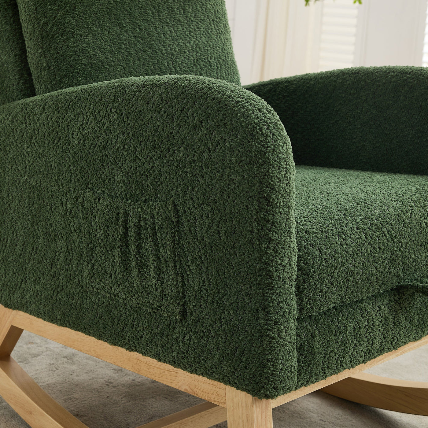 25.4'W Green Boucle High Back Glider Rocking Chair with Retractable Footrest and Rubber Wood Legs for Nursery and Living Room