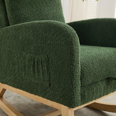 25.4'W Green Boucle High Back Glider Rocking Chair with Retractable Footrest and Rubber Wood Legs for Nursery and Living Room