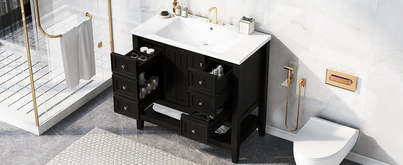 36' Bathroom Vanity with Sink Combo, One Cabinet and Three Drawers, Solid Wood and MDF Board, Black (Old Sku:SY999505AAB)