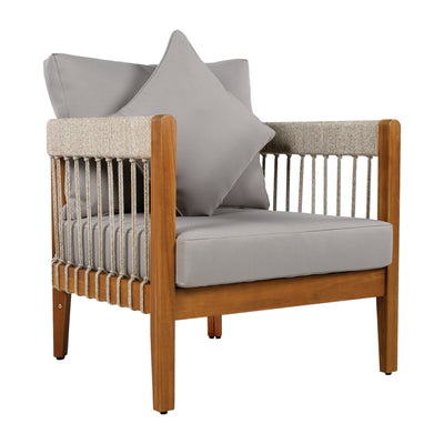 Acacia Wood Outdoor Club Chair with Handwoven Rope Accents & Curved Backrest - Water-Resistant Boho Patio Lounge Chair with Removable Cushions for Porch, Garden